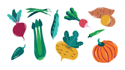 Vector set of vegetables, vegetarian food, healthy and fresh icon clipart illustration
