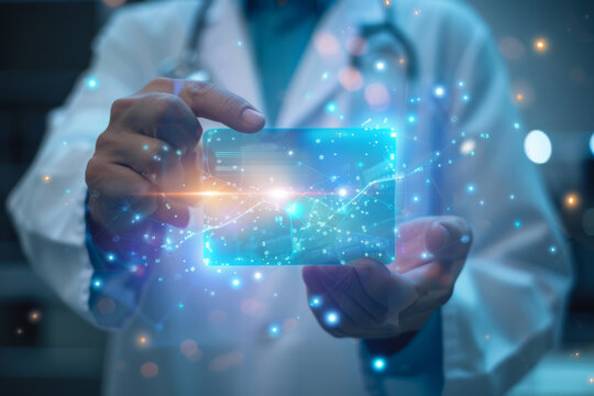 A glowing, holographic credit card is cradled in the hands of a person in a white lab coat, suggesting a medical professional or a high-tech healthcare concept.