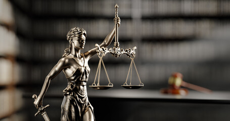 Legal Concept: Themis is the goddess of justice and the judge's gavel hammer as a symbol of law and order on the background of books - 780983330