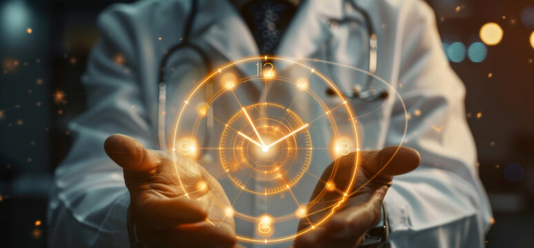 A glowing, holographic clock is cradled in the hands of a person in a white lab coat, suggesting a medical professional or a high-tech healthcare concept.