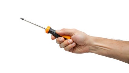 Hand holding screwdriver, isolated on white background, for repair work with screws