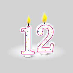 Number twelve birthday candle. Celebration decoration. Anniversary event. Vector illustration. EPS 10.