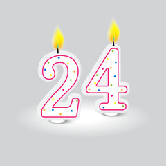 Number twenty-four birthday candle. Festive anniversary celebration. Joyful decoration element. Vector illustration. EPS 10.