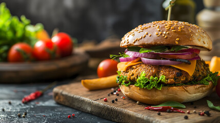 A mouthwatering close-up of a homemade burger with fresh vegetables and a succulent patty on a wooden board amidst spices