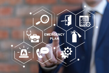 Business man using virtual touch screen clicks text: EMERGENCY PLAN. Business emergency plan concept. Checklist to do in disaster, continue business and build resilience concept. Smart emergency plan. - obrazy, fototapety, plakaty