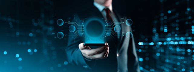 A businessman holds a smartphone. Business Technology Concept - 780983778