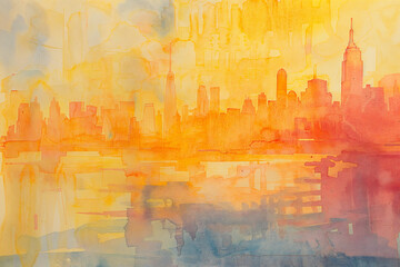 Watercolour city painting, golden sunset golden hour scene, New York City. Expressive and loose watercolor painting, in a abstract and atmospheric style. - obrazy, fototapety, plakaty