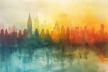 Watercolour city painting, golden sunset golden hour scene, New York City. Expressive and loose watercolor painting, in a abstract and atmospheric style. - obrazy, fototapety, plakaty