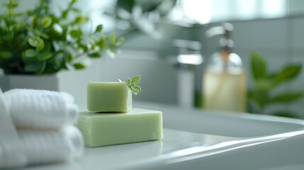 Two soap bars on counter near plant
