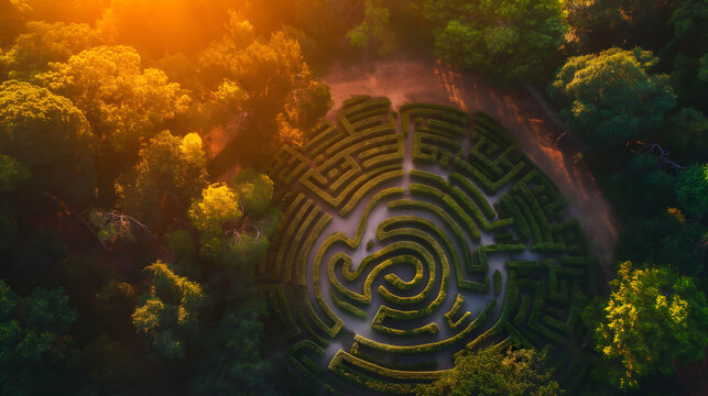 Stunning aerial view captures the complexity of an elaborate garden maze surrounded by lush greenery, symbolizing puzzles and the human path through life