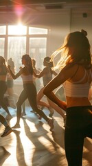 Energetic dancers move in sync during a dance fitness class, filled with vitality and illuminated by the natural light of the setting sun. - obrazy, fototapety, plakaty