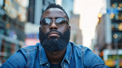 Obraz premium A bearded young Black man poses confidently in front of a bright city backdrop representing the limitless possibilities and bright future that awaits young Black entrepreneurs. .
