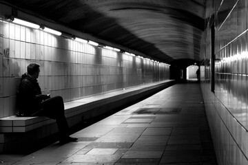 Monochrome subway tunnel with man sitting alone under lights, urban public transport station