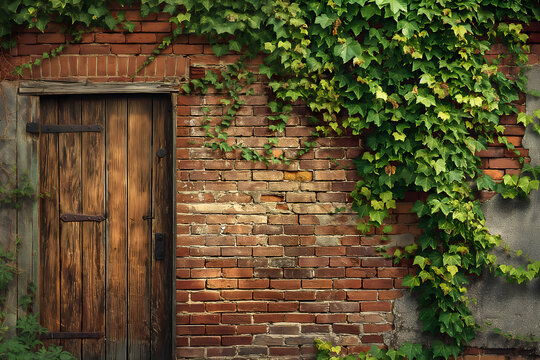A weathered brick wall with overgrown ivy and a rustic wooden door, evoking a sense of history and nature reclaiming human structures