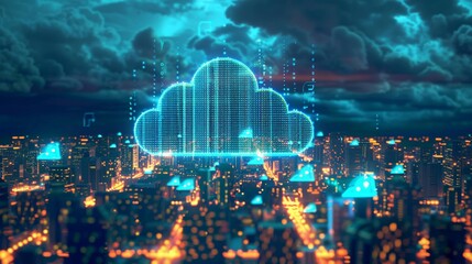 Cloud computing for healthcare data management imagined as cloud cities where data flows freely and securely over city - obrazy, fototapety, plakaty