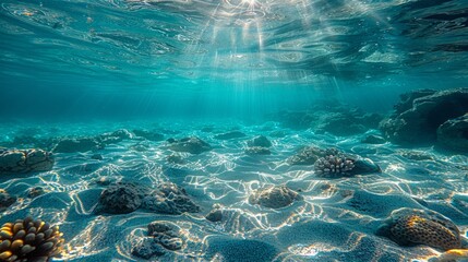Vibrant coral reef ecosystem with a clear sandy seabed under sunlit water in a tropical ocean environment
