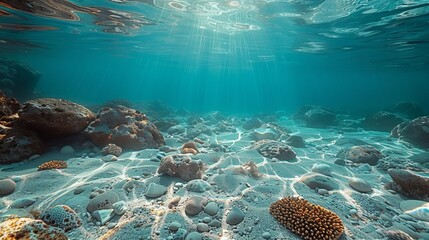 Vibrant coral reef ecosystem with a clear sandy seabed under sunlit water in a tropical ocean environment - obrazy, fototapety, plakaty