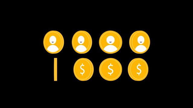 Customer to Cash Conversion Animation. customer icons seamlessly transform into dollar signs with coin shapes. symbolizing conversion and financial success and sales. transparent background.