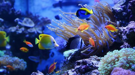 Fototapeta na wymiar an image of a tropical reef with fish swimming, aqua blue water, vivid color