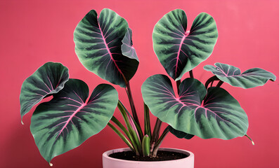 Obraz premium elephant ear potted plant with heart-shaped, black leaves that feature bright pink centers and broad, pink veining. Painterly, photo realistic