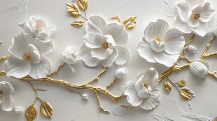 Fototapeta na wymiar Elegant 3D Rendered White Flowers and Golden Branches