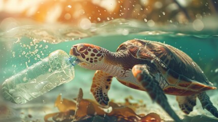 An impactful shot of a sea turtle in the ocean with a floating plastic bottle, highlighting the issue of pollution