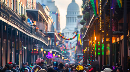 Bourbon Street energy with Costumed crowds and decorated balconies burst with celebratory spirit,...