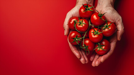 Hand holding a red tomato against a red background evokes the excitement of tomato-themed festivals. Add your event text and let the image do the talking. © toodlingstudio