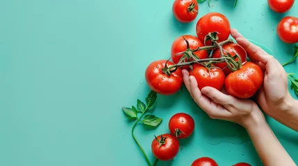 Foto op Canvas Image features a hand holding a juicy red tomato on a calming pastel green background. Ideal for promoting events, products, or recipes with a fresh. © toodlingstudio