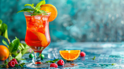 Hurricane cocktail vibrant colors. blurred background. Studio Shot: Hurricane Cocktail in Signature...