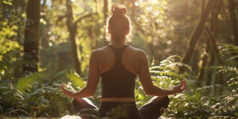 A peaceful yoga practice in a tranquil forest clearing, with morning sunlight filtering through the trees, promoting wellness and harmony with nature.