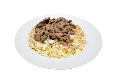 Bo bap thau or beef salad. A Vietnamese dish. Shredded cabbage is mixed with lime juice and spicy fish sauce. Beef is marinated with chopped shallots and lemongrass before being stir-fried. Mix both