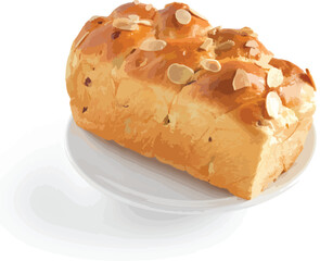 Brioche loaf bread with sliced almond. There are photo and vector versions for design idea. Unlike American styles, French bread is delicious and softer. The bread has a bouncy, spongy texture.