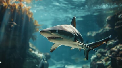 Fototapeta premium Majestic Shark Swimming in Ocean Depths