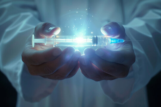 A glowing, holographic syringe is cradled in the hands of a person in a white lab coat, suggesting a medical professional or a high-tech healthcare concept.