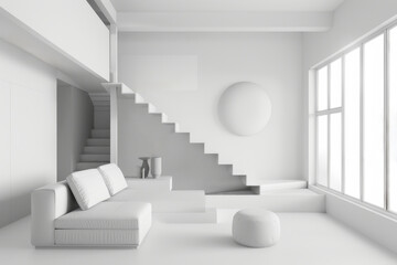 minimalist living room with a white sofa opposite a large window