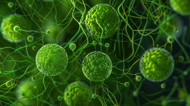 An image of a of cyanobacteria cells each one resembling miniature spheres connected to one another by thin threadlike structures.