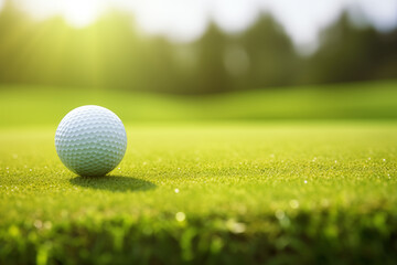 Obraz premium Close up of backlit white golfball on golf course putting green.