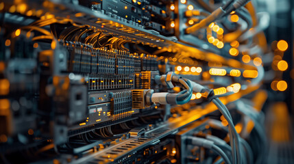 A close-up view inside a network server room with racks of equipment and organized fiber optic cables indicating high-speed data transmission.