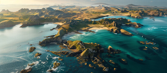 An aerial shot captures the stunning coastal landscape bathed in the warm light of the sunset,...