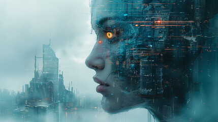 A digital composite of a cyborg face with an illuminated eye, superimposed on a futuristic city skyline shrouded in mist. - obrazy, fototapety, plakaty