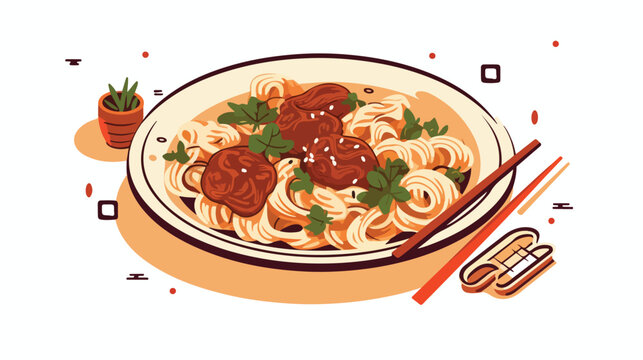 Chinese food vector image in brown lines with circu