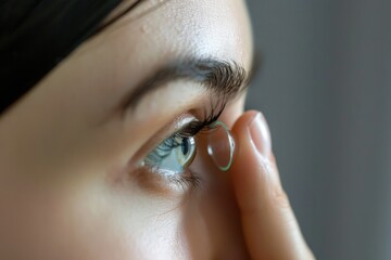 How to insert contact lenses. Woman apply lens to eye close up