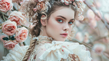 Dressed in a lavish Rococo dress with layers of ruffles and delicate embroidery this womans hair is...