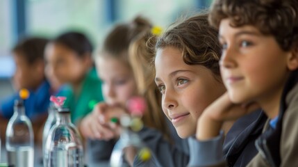A group of students in a classroom learning about the benefits of biofuel and its potential for a more sustainable future. The image represents the importance of educating younger .