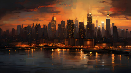 Naklejka premium digital sunset dusk city scene graphic poster web page PPT background