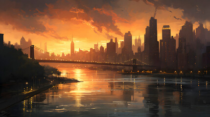 digital sunset dusk city scene graphic poster web page PPT background