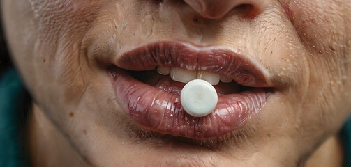 Harmful pill in mouth. Drug addiction. - obrazy, fototapety, plakaty