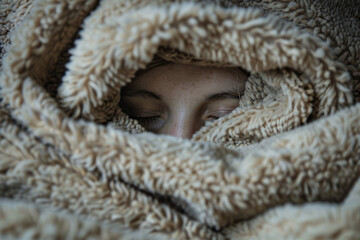 life under a blanket. Tired person hiding from problems.