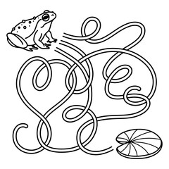 Find a way from the frog to the lotus leaf. Simple maze game. Black and white ready to print worksheet for preschool fun activity. Outlined vector illustration for kids.